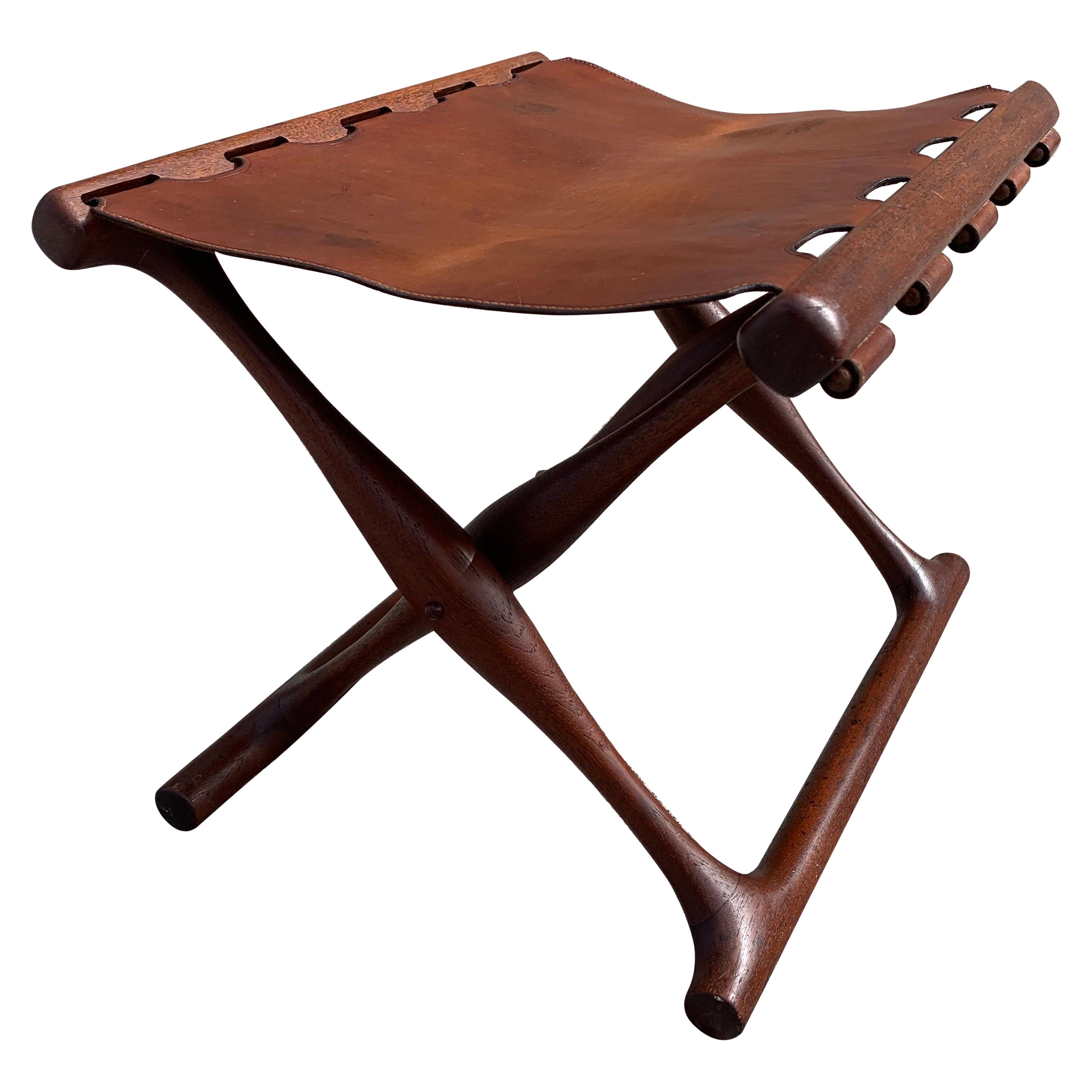Poul Hundevad Folding Stool in Brown Leather and Teak