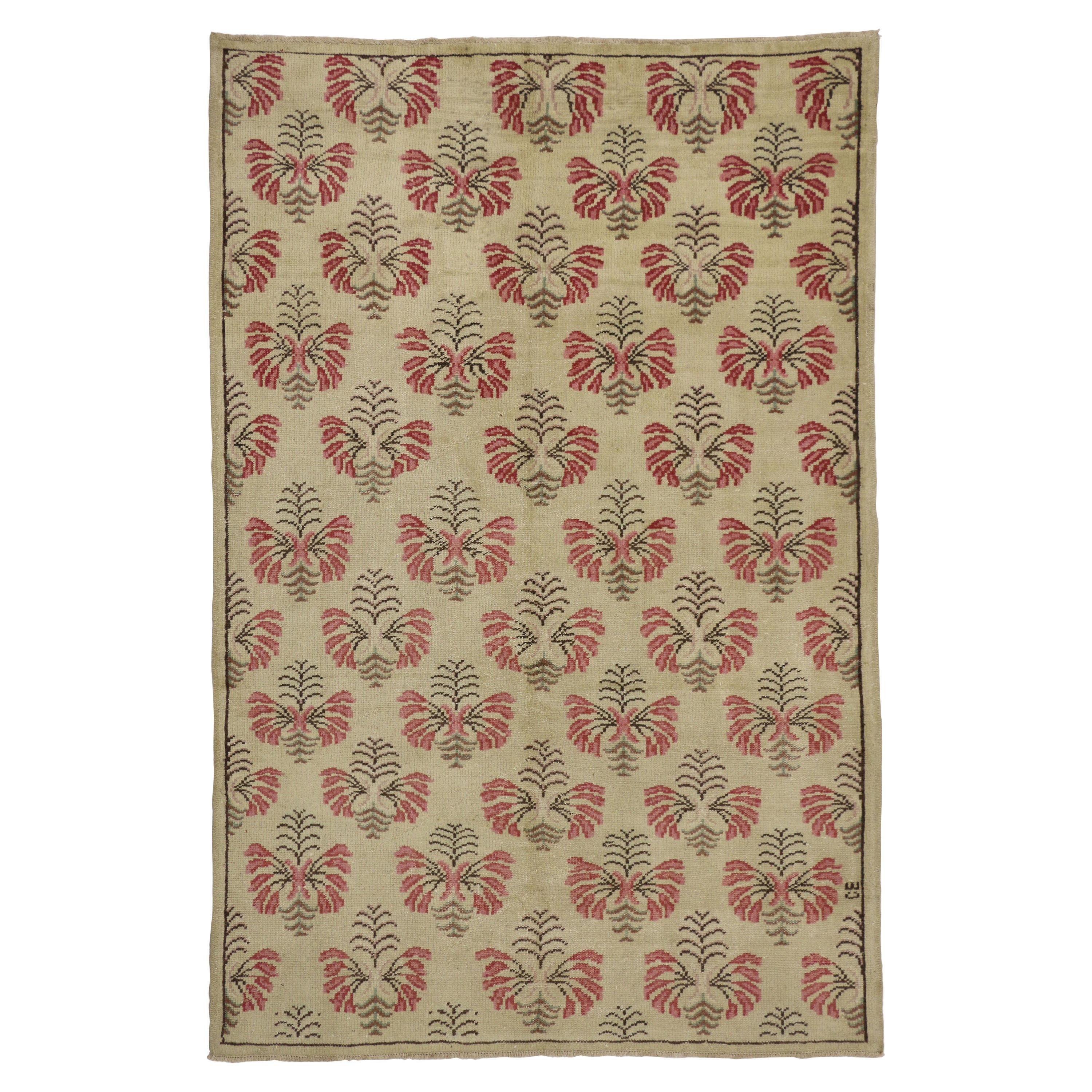 Vintage Turkish Oushak Rug with Shabby Chic Farmhouse Style For Sale