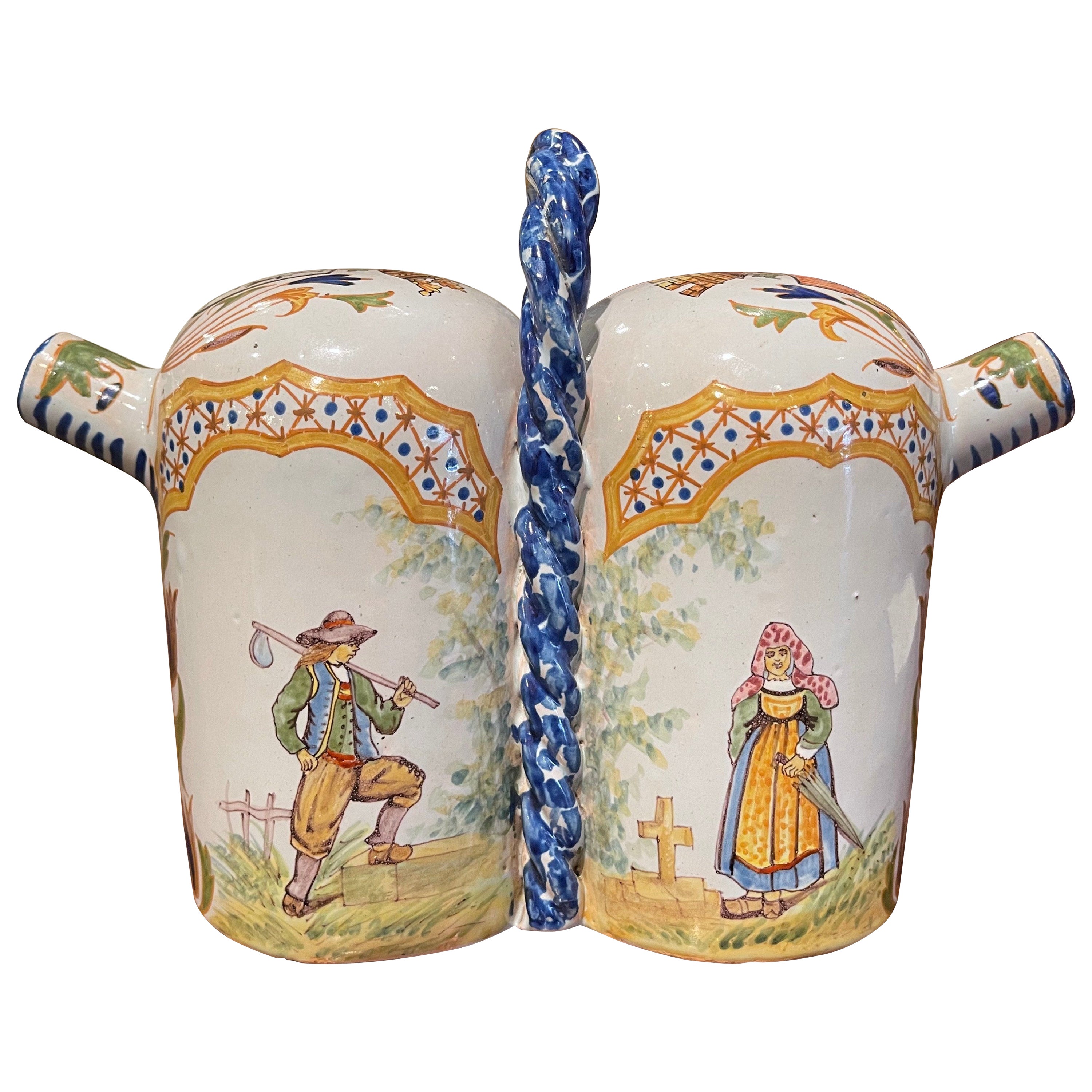 19th Century French Painted Faience Porquier Beau Quimper Olive Oil Container