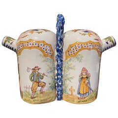 Used 19th Century French Painted Faience Porquier Beau Quimper Olive Oil Container