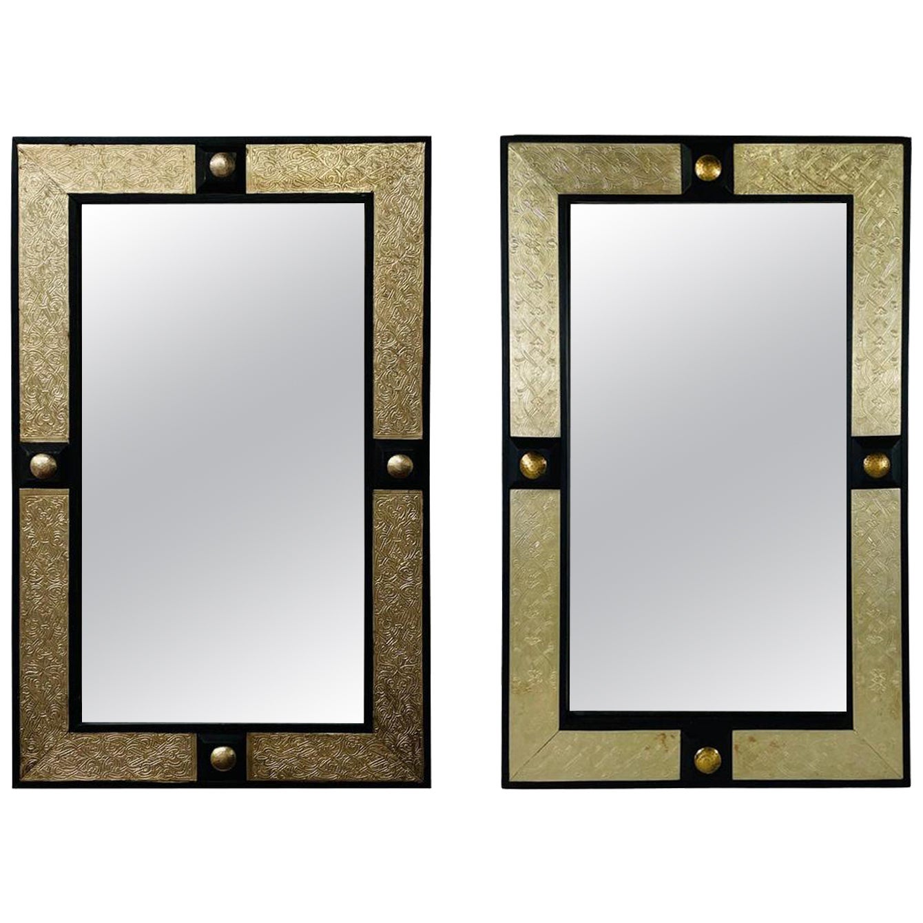 Hollywood Regency Moroccan Mirror in Brass and Wood Frame, a Compatible Pair For Sale