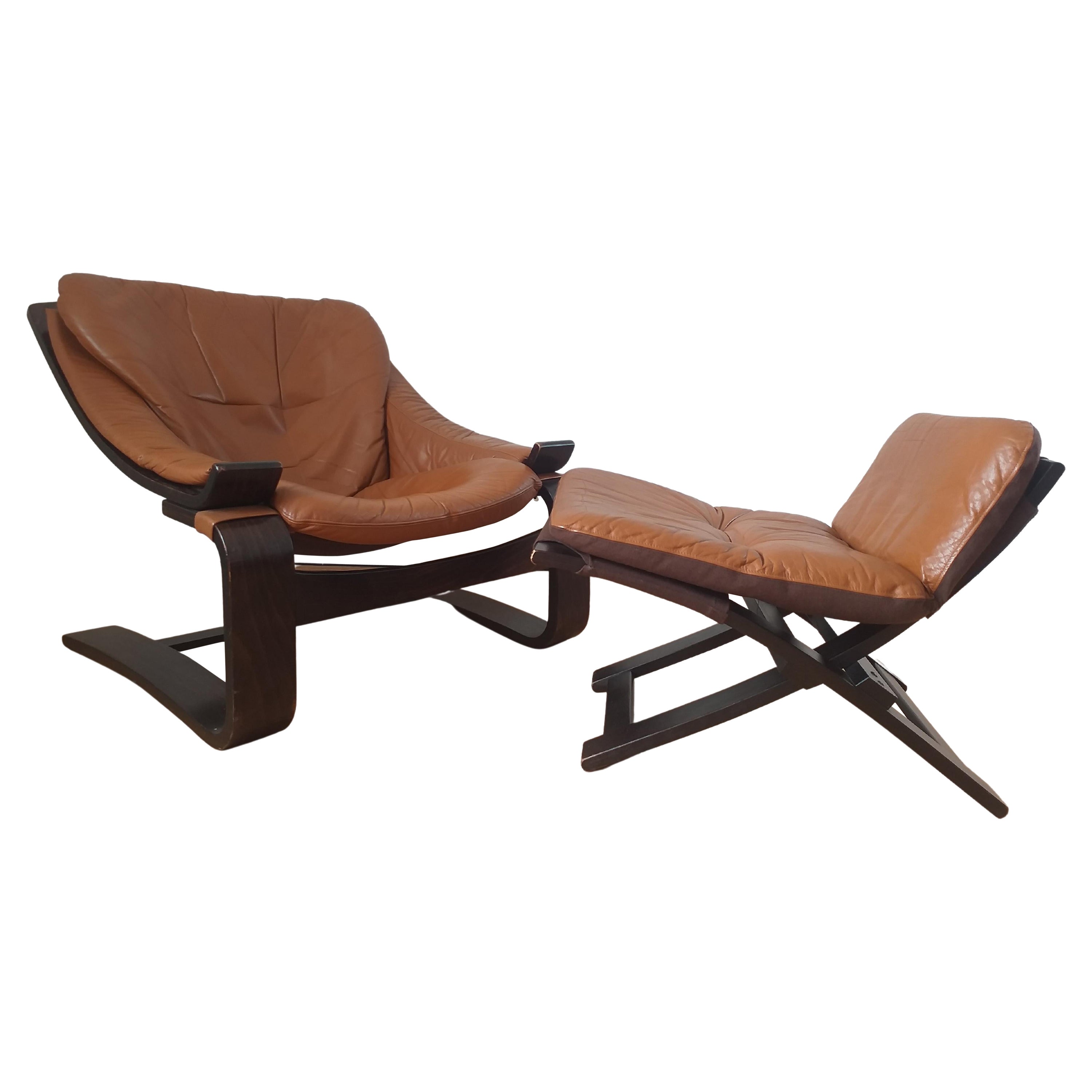 Midcentury Lounge Chair Kroken with Ottoman, Ake Fribytter, Nelo, Sweden, 1970s