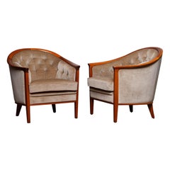 1960s Pair Mahogany and Taupe Velvet Lounge Chairs by Broderna Andersson Sweden