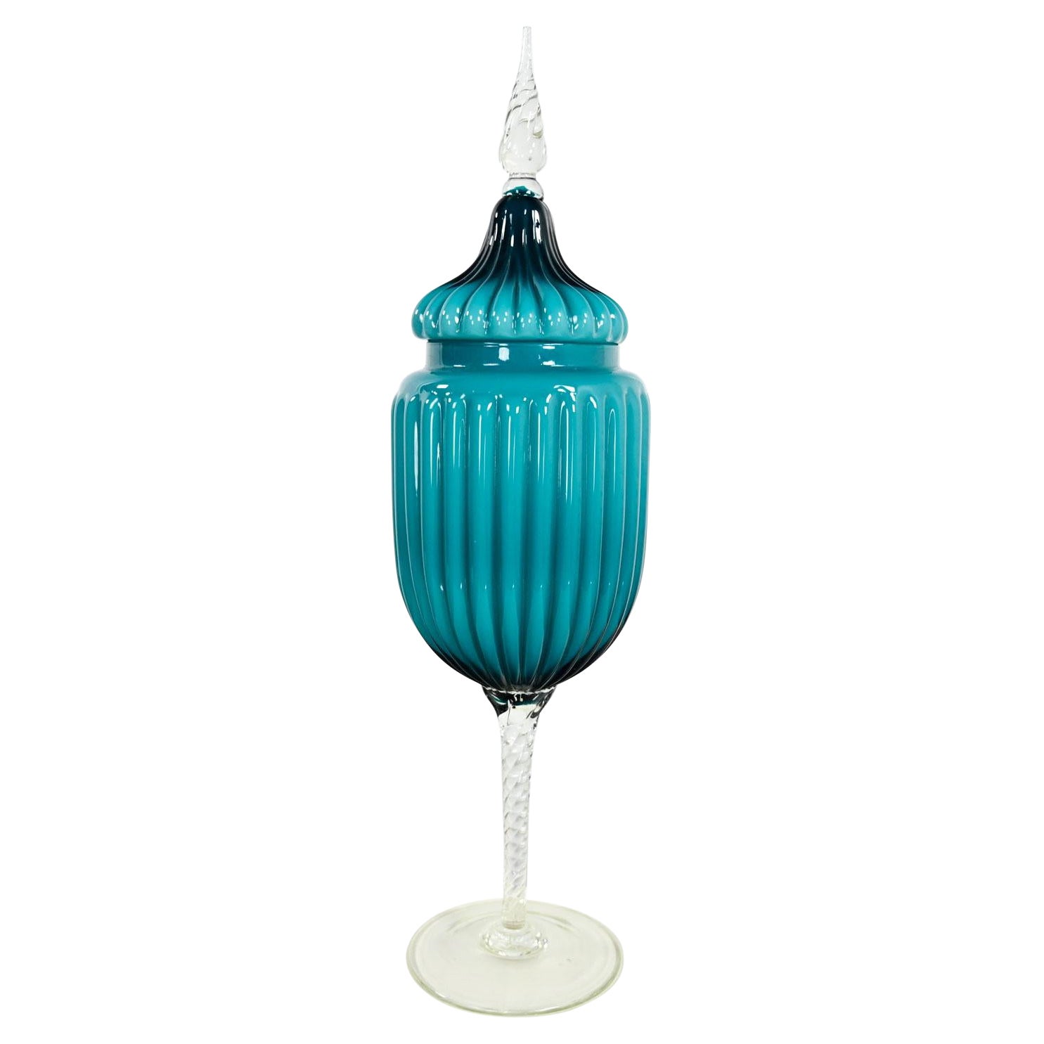 Empoli Italian Cased Glass Lidded Compote Circus Tent Jar in Peacock Blue