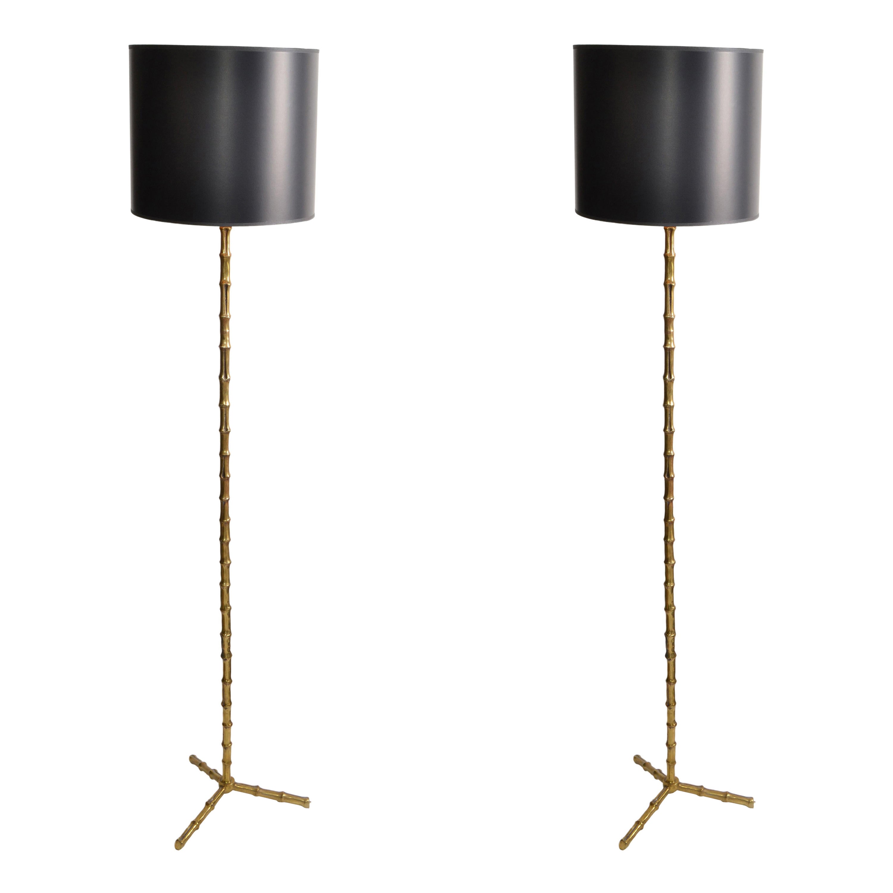 Pair of Maison Baguès Bronze Faux Bamboo Floor Lamp French Mid-Century Modern For Sale