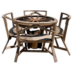 Vintage Rustic Custom Built Wagon Wheel Table and Benches Set