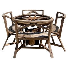 Retro Rustic Custom Built Wagon Wheel Table and Benches Set 