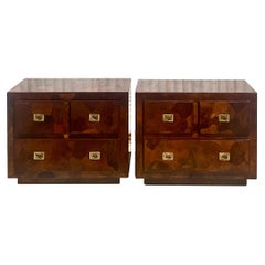 Midcentury American of Martinsville Patchwork Olive Wood Nightstands, a Pair