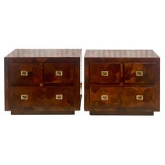 Midcentury American of Martinsville Patchwork Olive Wood Nightstands, a Pair 