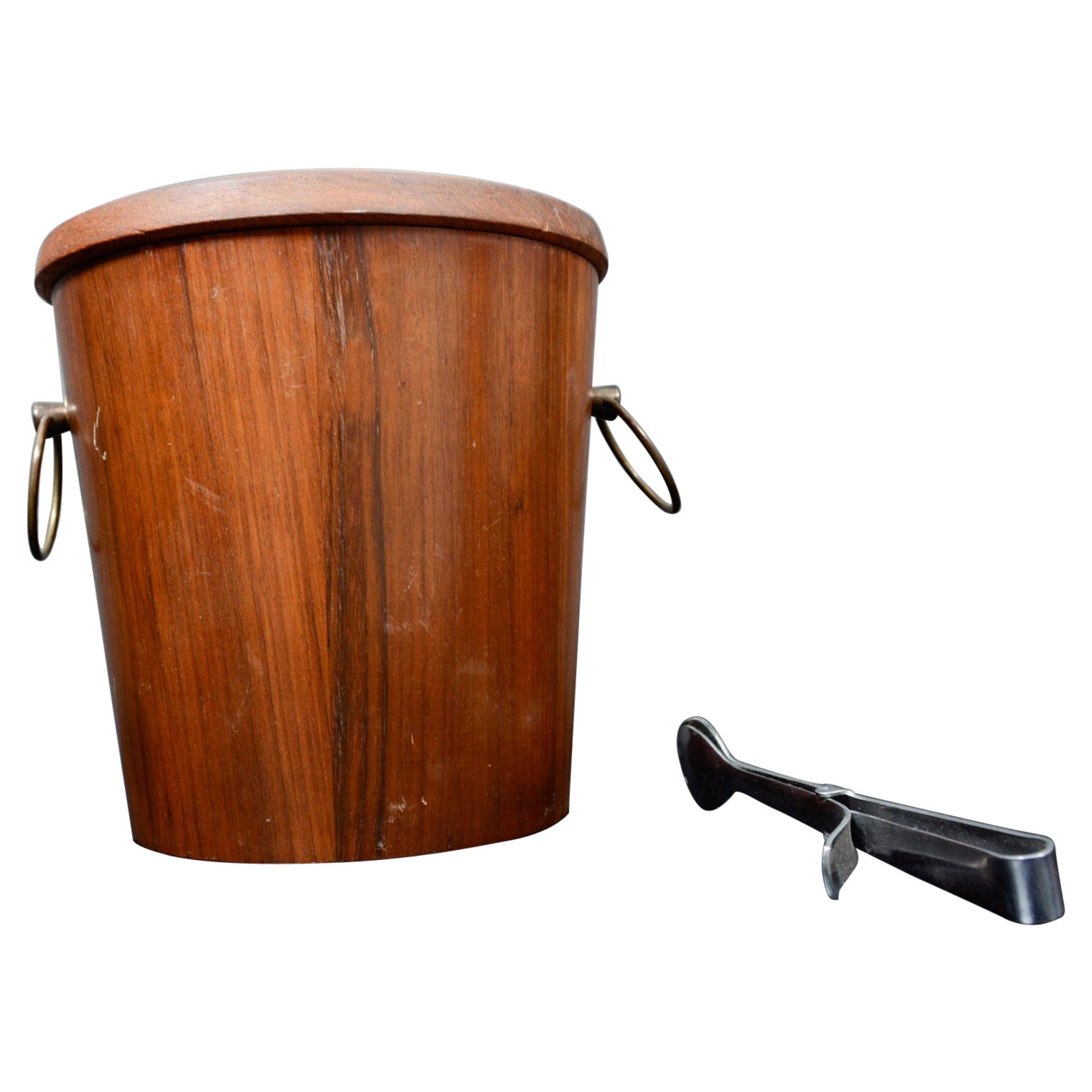 Modern Barware Walnut Wood Ice Bucket Set Stainless Steel Tongs 1960s Japan