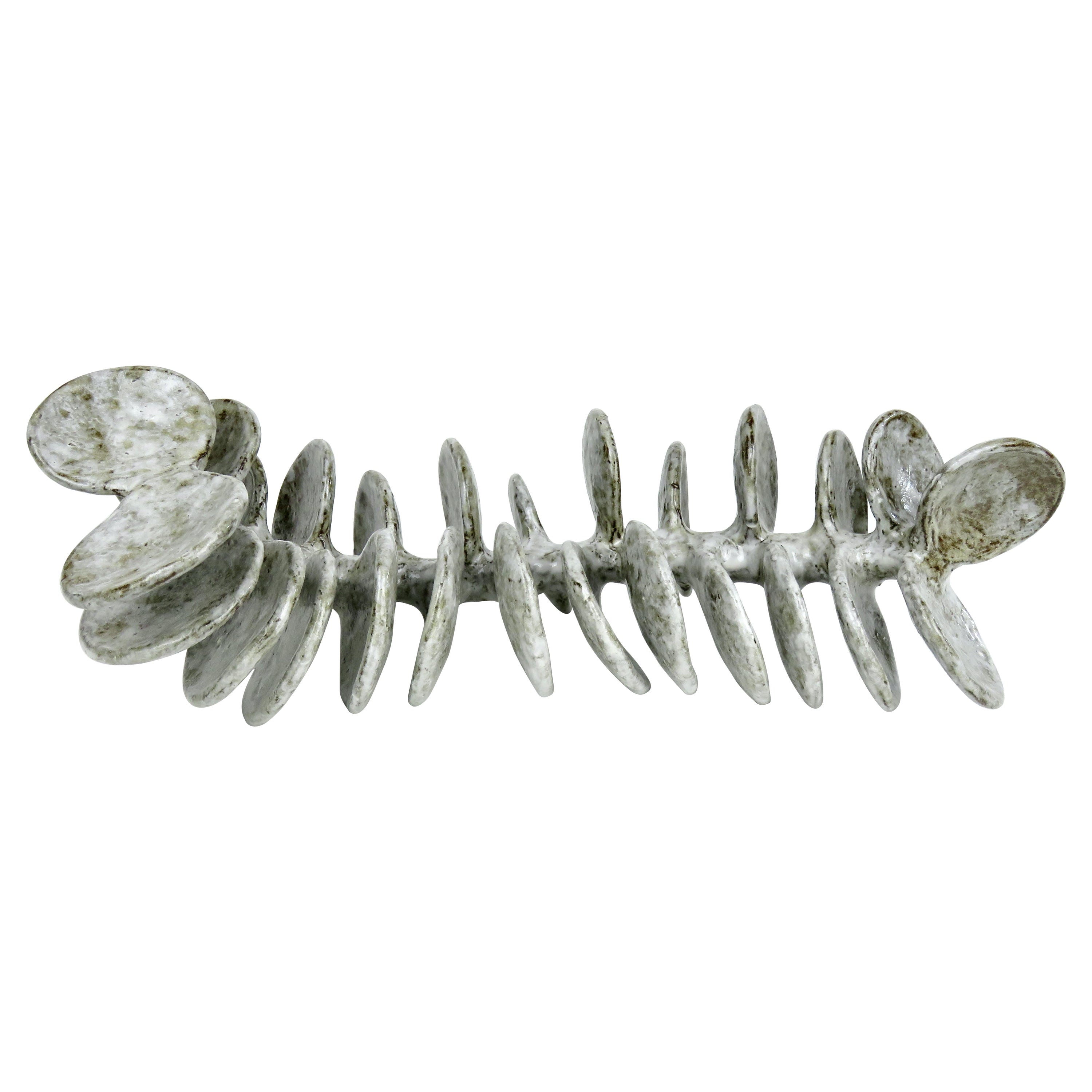 Organic Modern Ceramic Sculpture, Reclining Skeletal Spine in Mottled White and Brown For Sale
