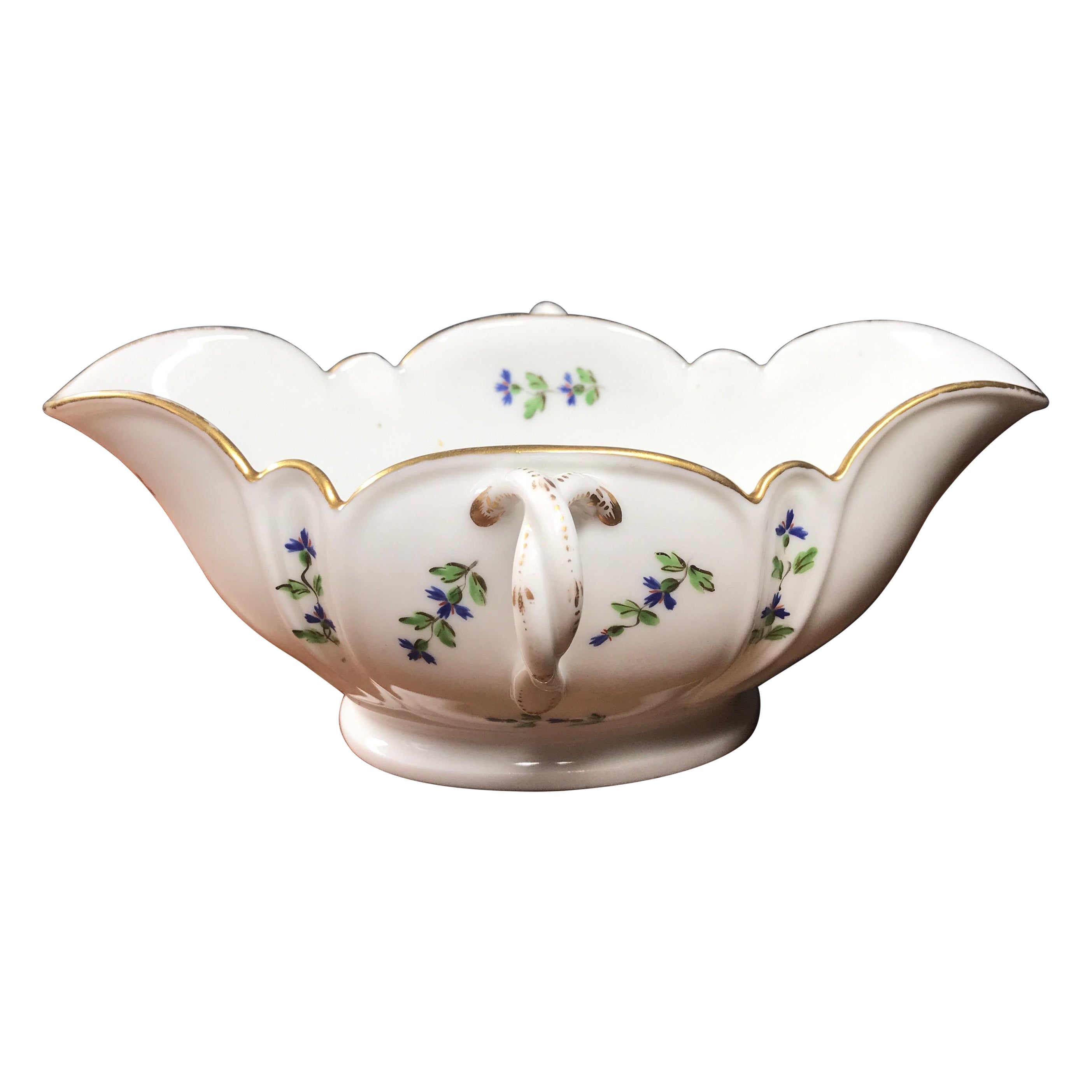 French Porcelain Twin Handled Sauceboat, Cornflower Sprigs, c.1780 For Sale