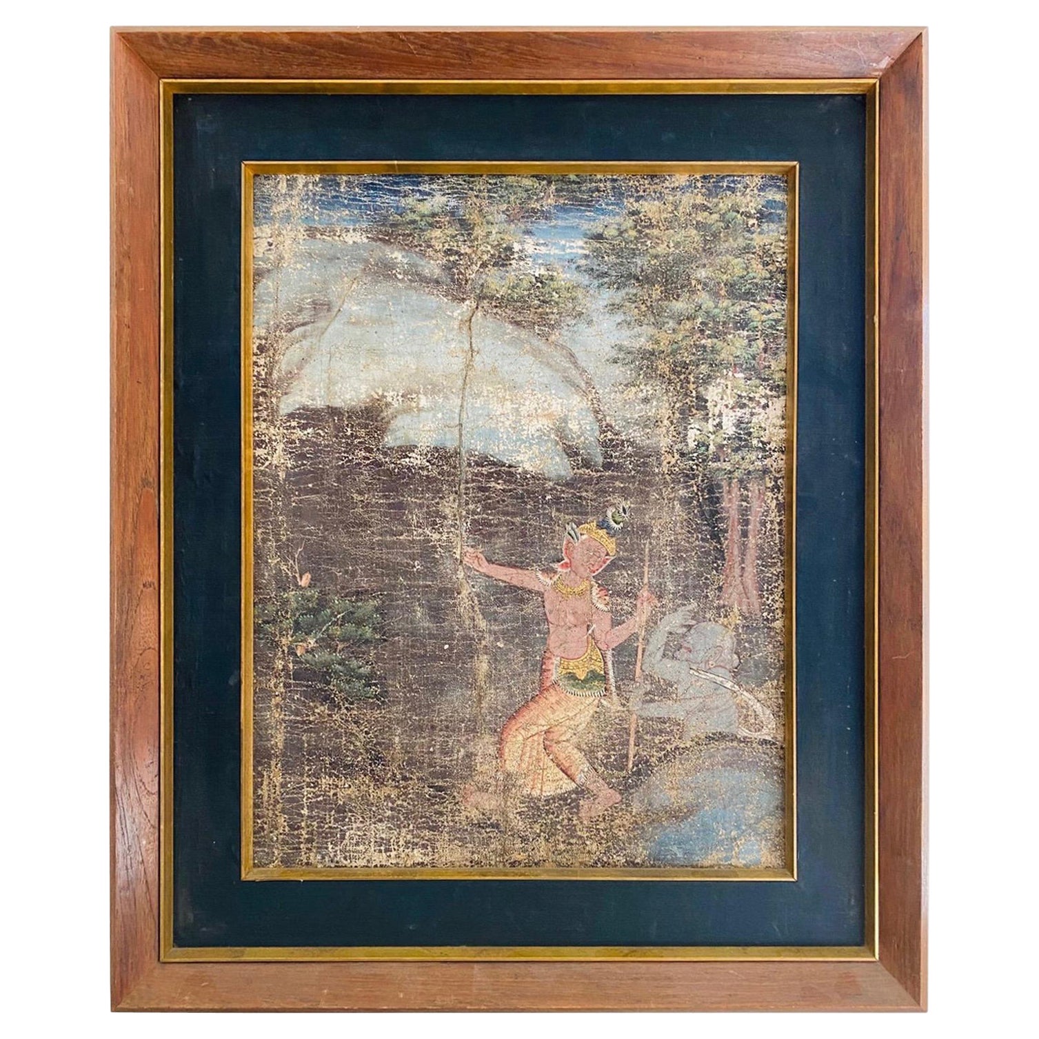 Distressed Thai Painting of Temple Dancer and Buddhist Monkey God, circa 1950 For Sale