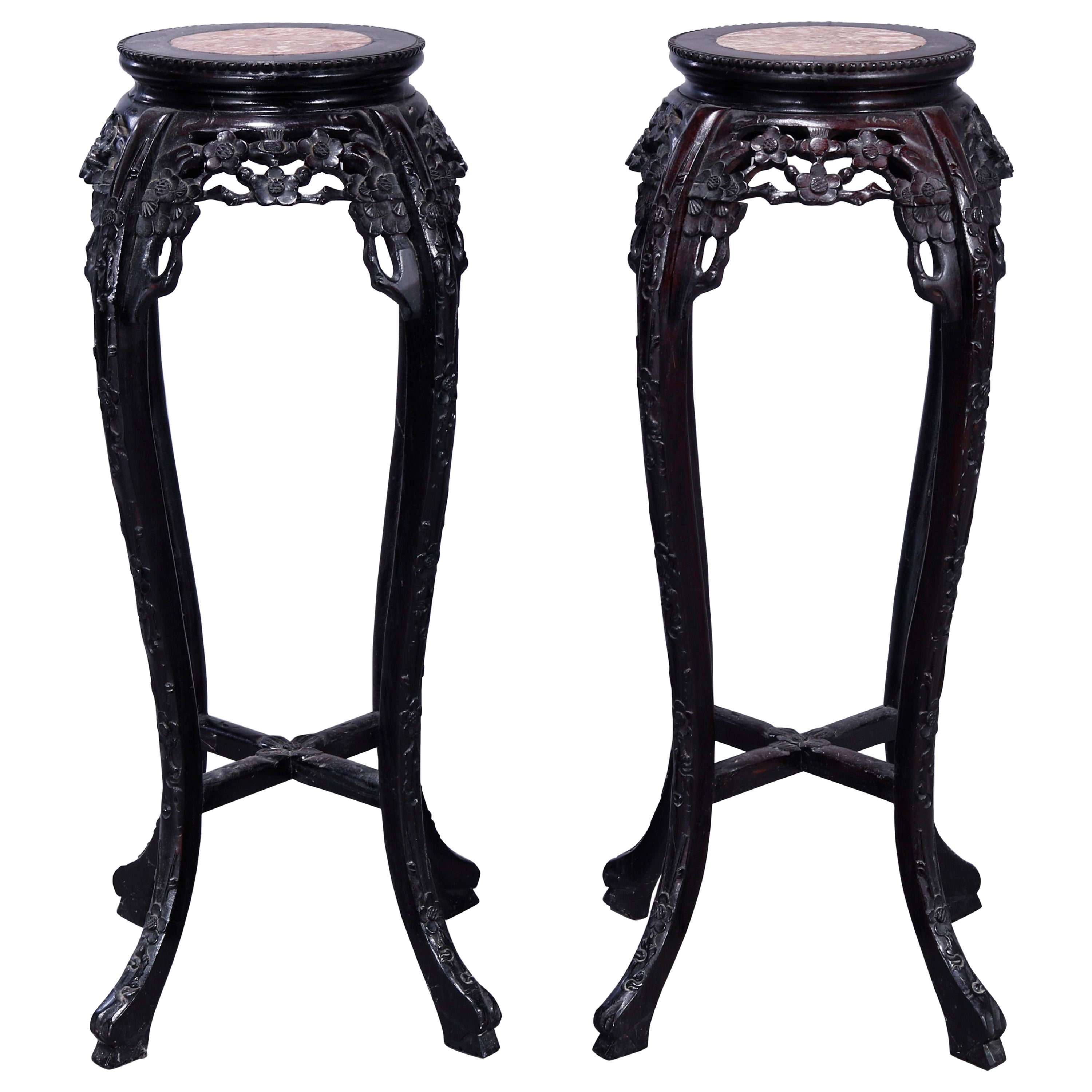 Matching Pair Chinese Carved Hardwood Marble Top Plant Stands, 20th C