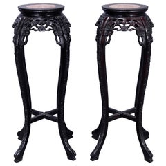 Vintage Matching Pair Chinese Carved Hardwood Marble Top Plant Stands, 20th C