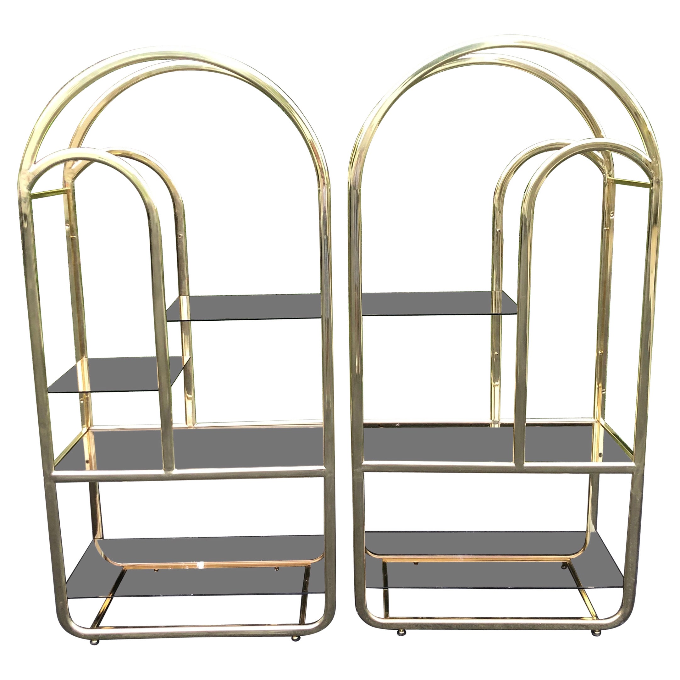 Pair of Brass and Smoked Glass Etageres