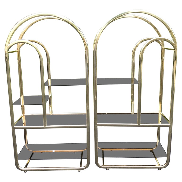 Pair of Brass and Smoked Glass Etageres For Sale