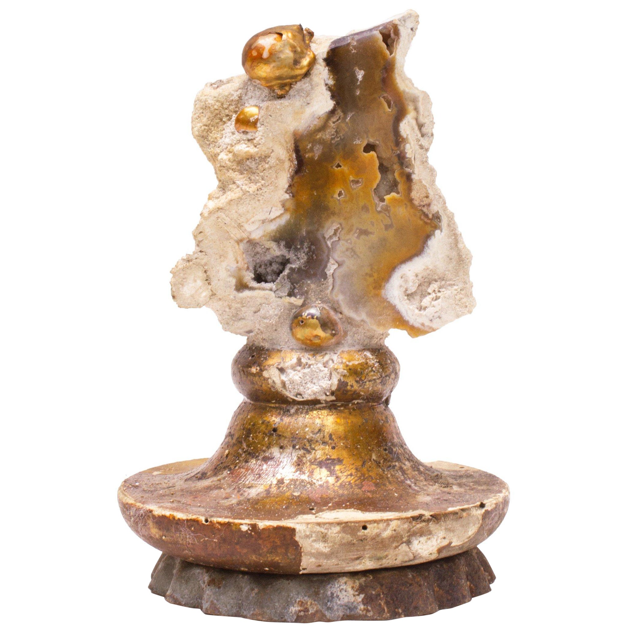 18th Century Italian Candlestick Top with Fossil Agate Coral and Baroque Pearls
