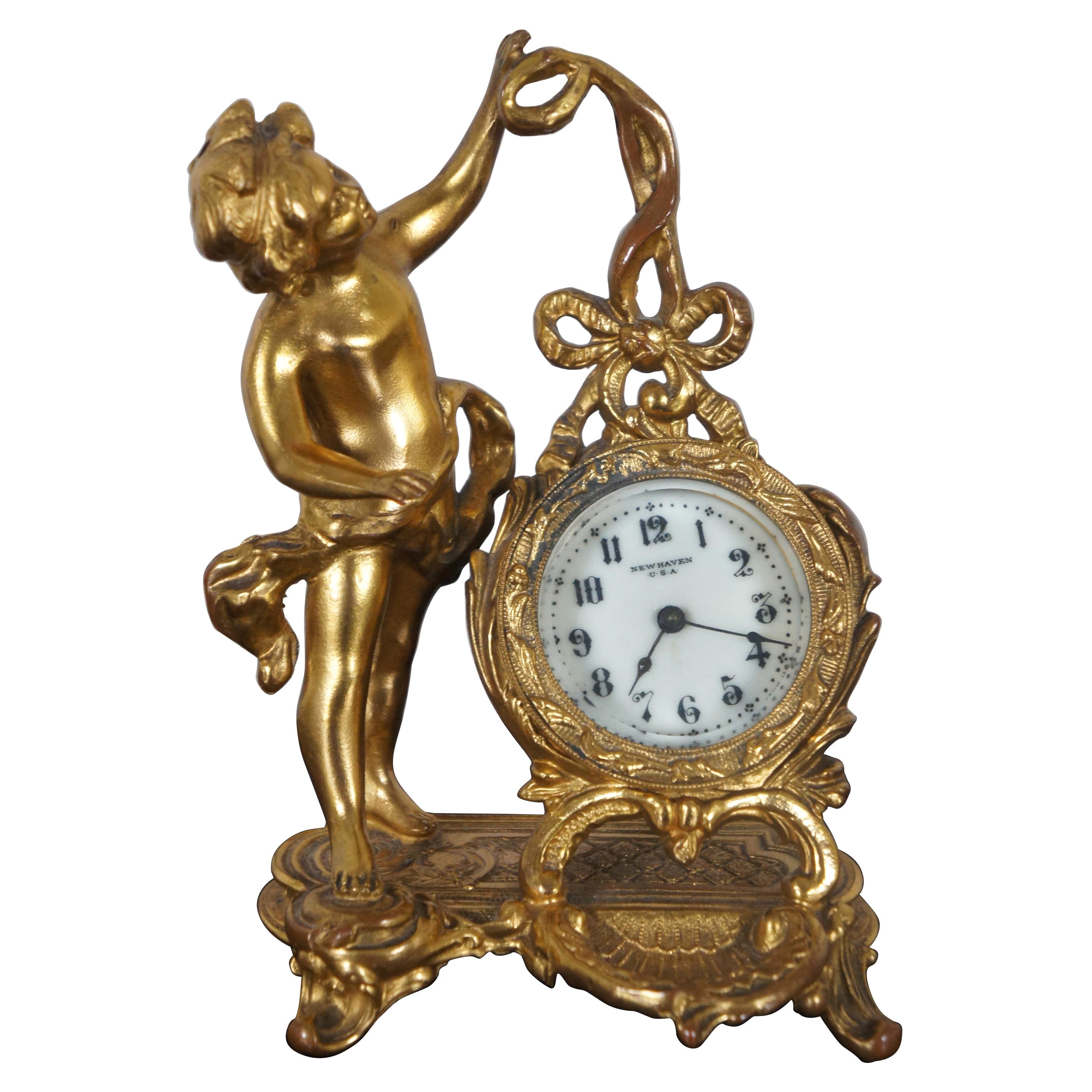 Antique Art Nouveau New Haven Clock Co Figural Gilt Metal Cherub Desk Clock