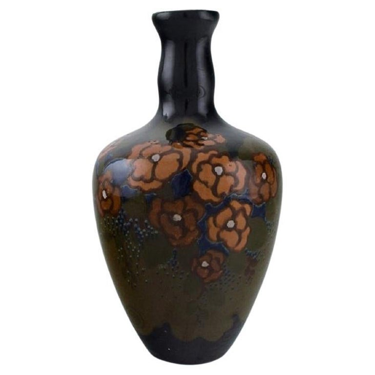 Arnhem, Holland, Antique Art Nouveau Vase with Hand-Painted Flowers For Sale