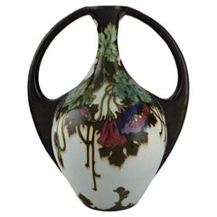 Regina, Holland, Antique Art Nouveau Vase with Hand-Painted Flowers and Foliage