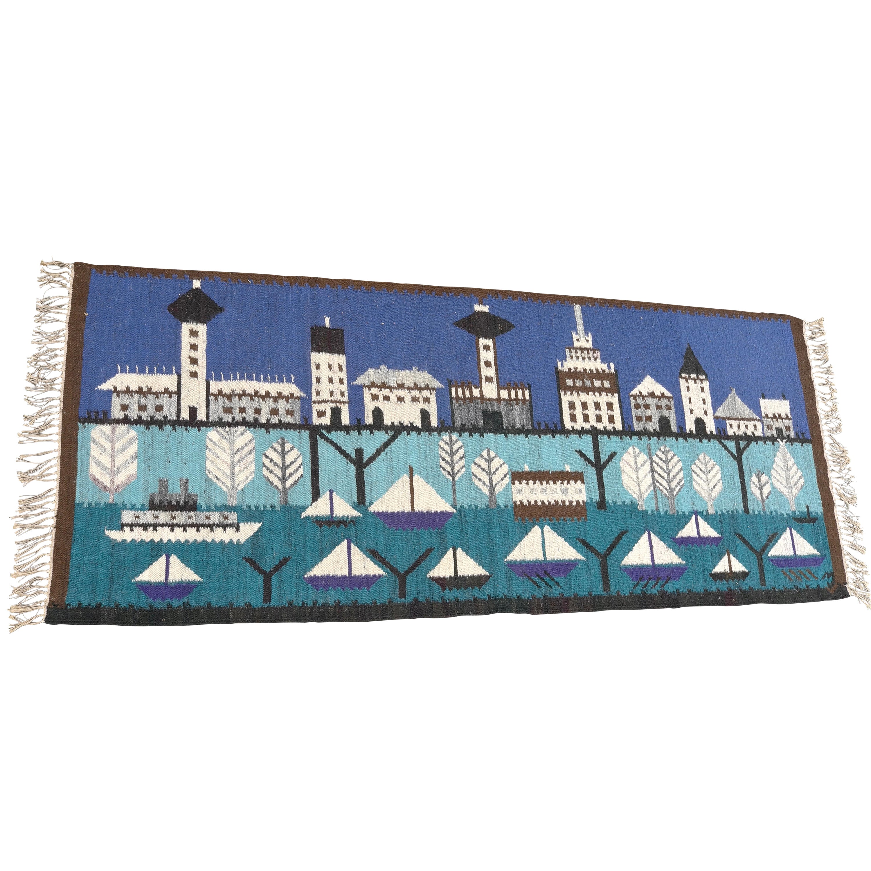 Woolen Mid-Century Hand Knotted Carpet Harbor and Boat Decor, Denmark, 1950's For Sale