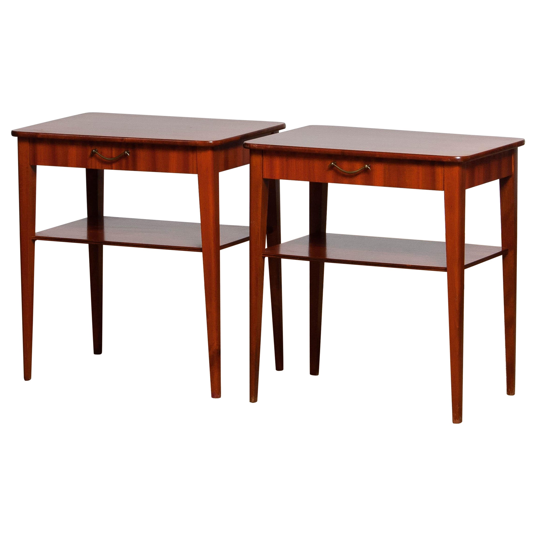 1960's Pair Slim Scandinavian Mahogany Night Stands / Bedside Tables from Sweden