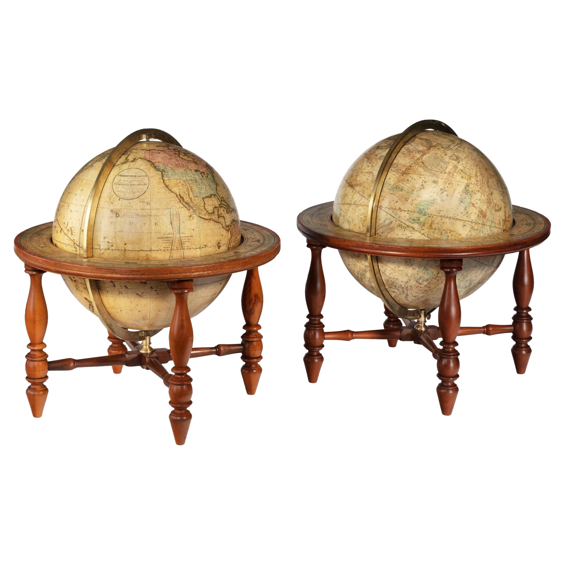 Pair of Table Globes by Josiah Loring, Dated 1844 and 1841 For Sale