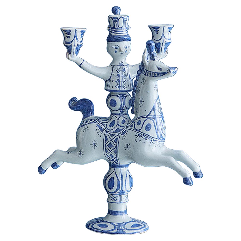 Vintage Bjørn Wiinblad "Horserider" Candlestick in Painted Ceramic, Denmark 1974