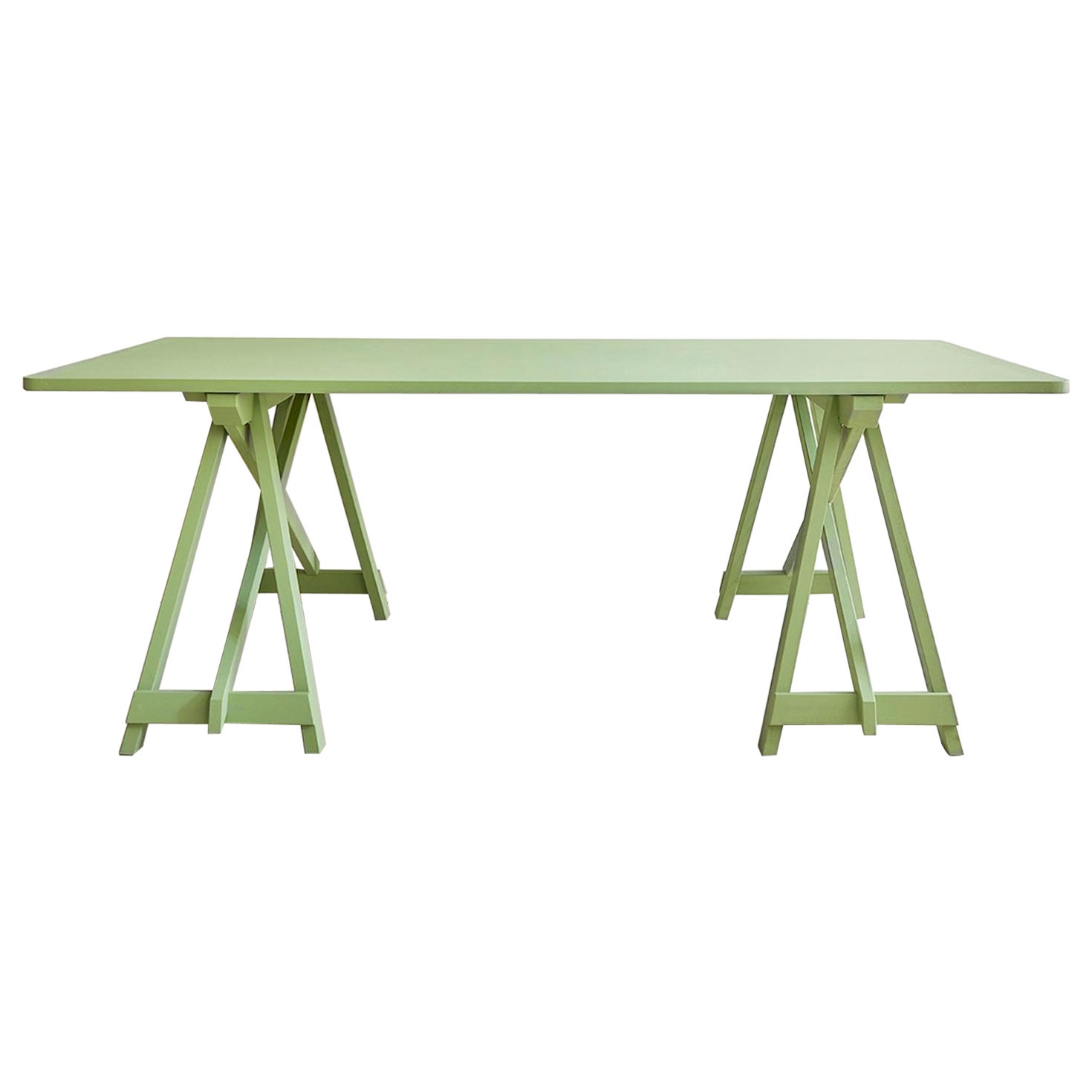 Contemporary Trestle Table in Green Painted Wood, Belgium