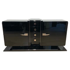 Art Deco Sideboard / Buffet, Black Lacquer, Nickel, Mahogany, France circa 1930