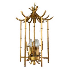 Gilt Metal Faux Bamboo Pagoda Chinoiserie Chandelier, 1960's
