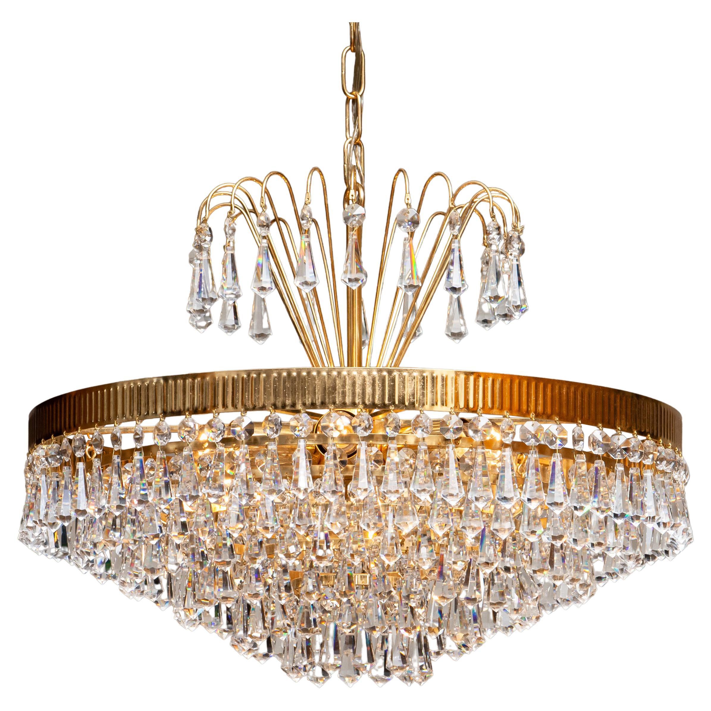 1960s, 24-Carat Gold-Plated and Faceted Crystal Chandelier by Rejmyre, Sweden