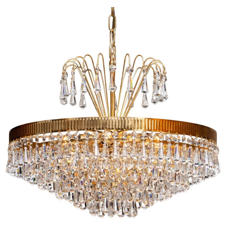 1960s, 24-Carat Gold-Plated and Faceted Crystal Chandelier by Rejmyre, Sweden For Sale