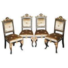 Four Restored Antique Victorian Heavily Carved Ebonised Gold Gilt Dining Chairs