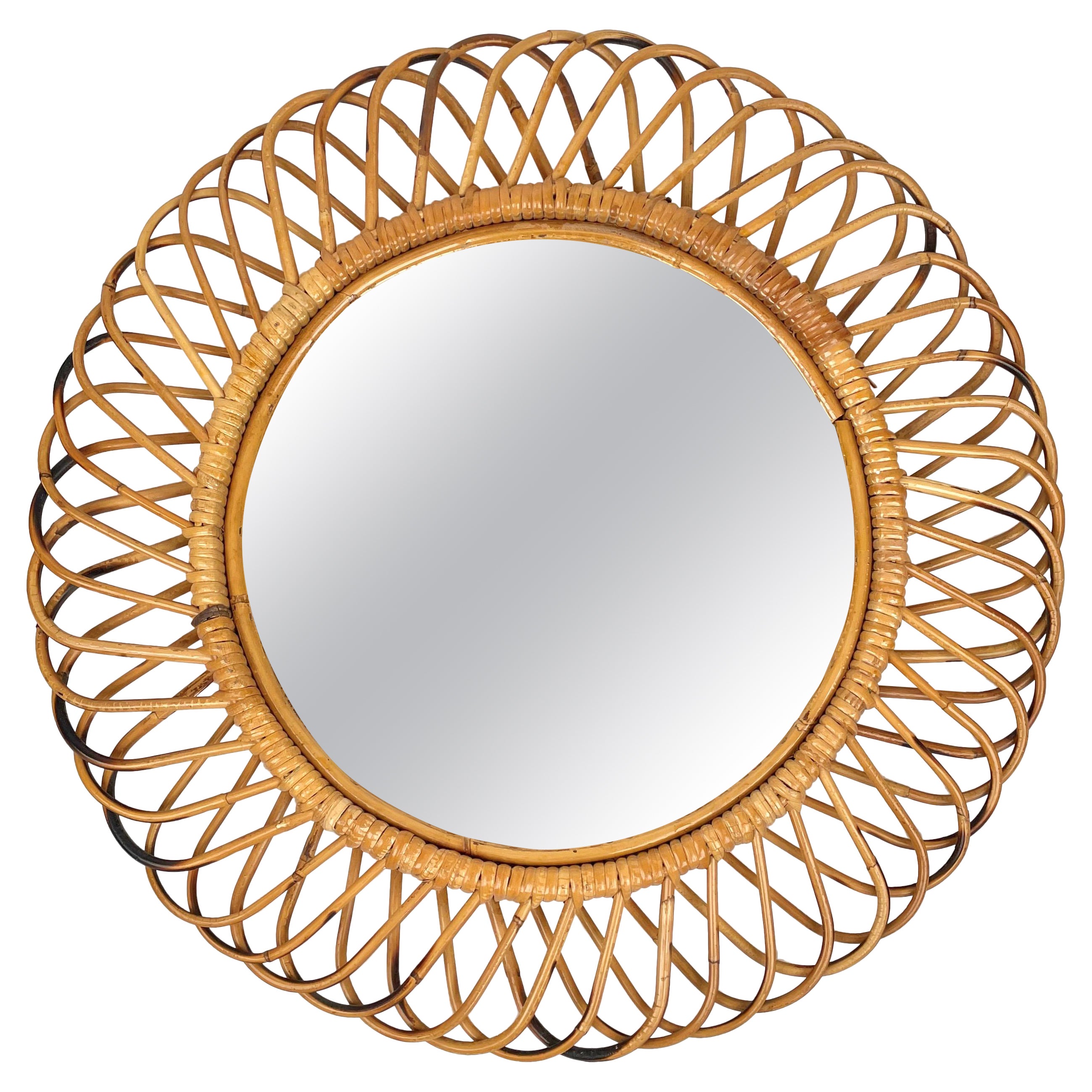 Mid-Century Modern Rattan and Bamboo Round Wall Mirror, Italy, 1960s