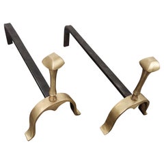 Midcentury Italian Brass and Wrought Iron Pair of Andirons