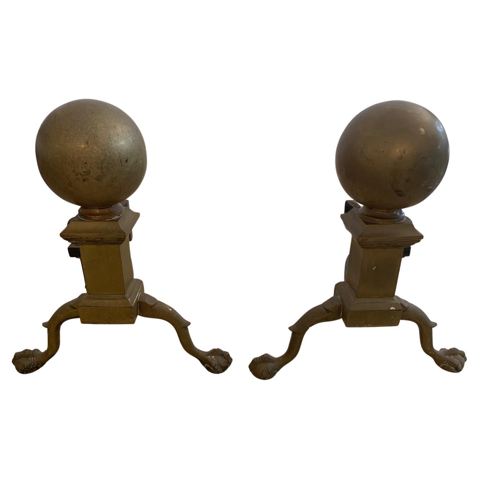 Large Antique Pair of Handsome Brass & Iron Cannonball Andirons