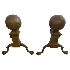 Large Antique Pair of Handsome Brass & Iron Cannonball Andirons