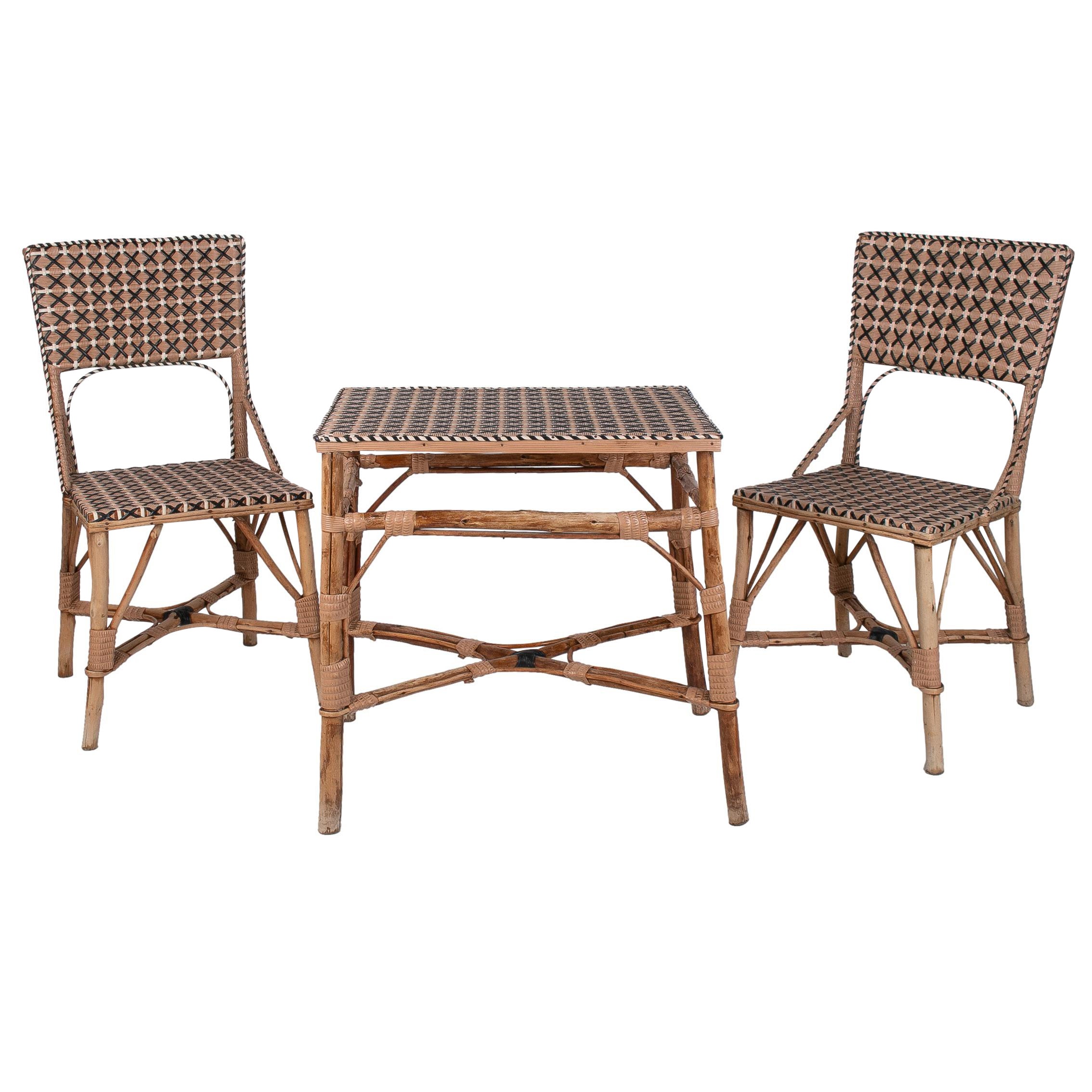 1950s Spanish Woven Wicker on Wood Set of 2-Chairs w/ Table