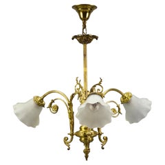 French Louis XVI Style Bronze and White Frosted Glass Three-Light Chandelier
