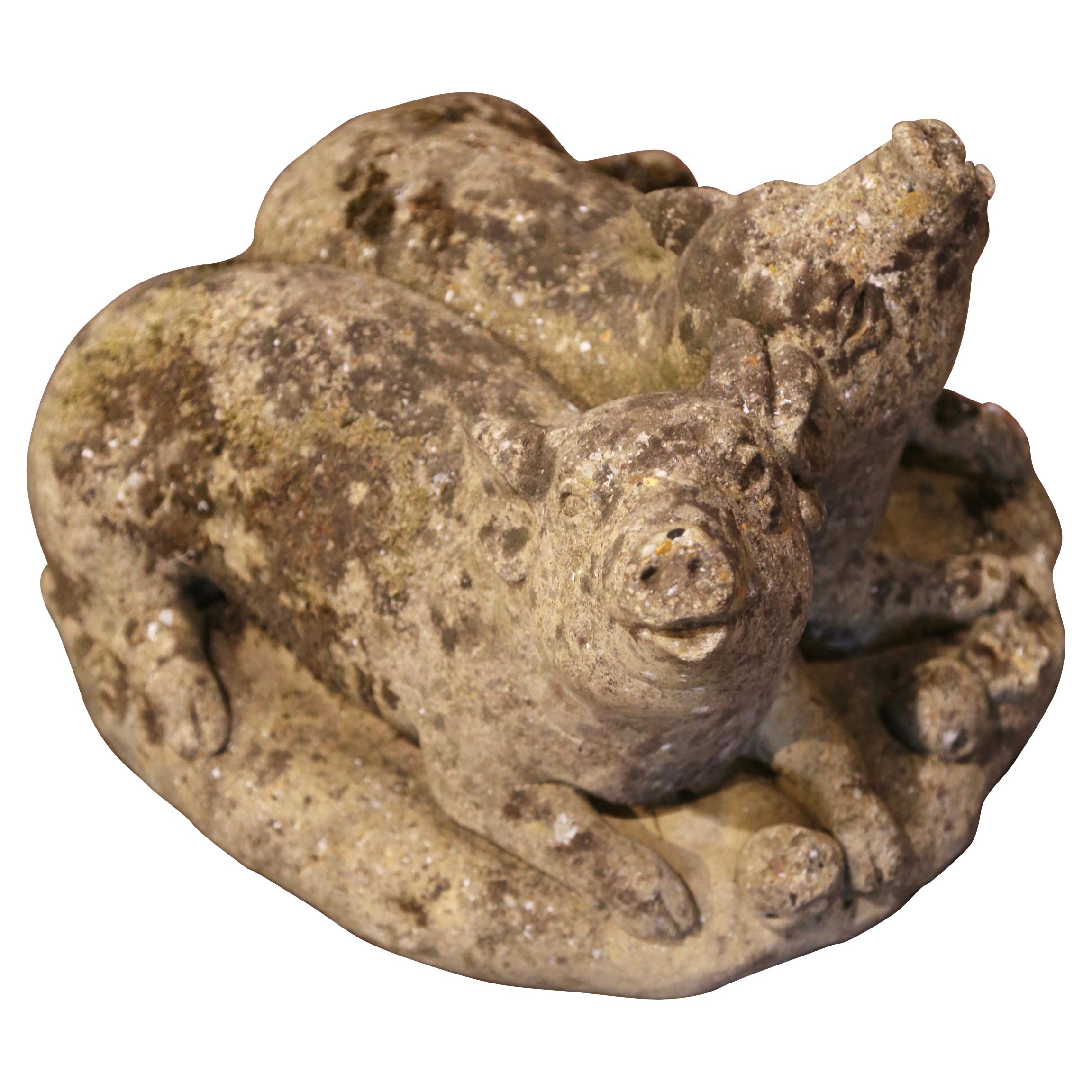19th Century French Weathered Concrete Garden Pig Composition Sculpture For Sale