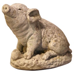 19th Century French Weathered Concrete Garden Pig Sculpture