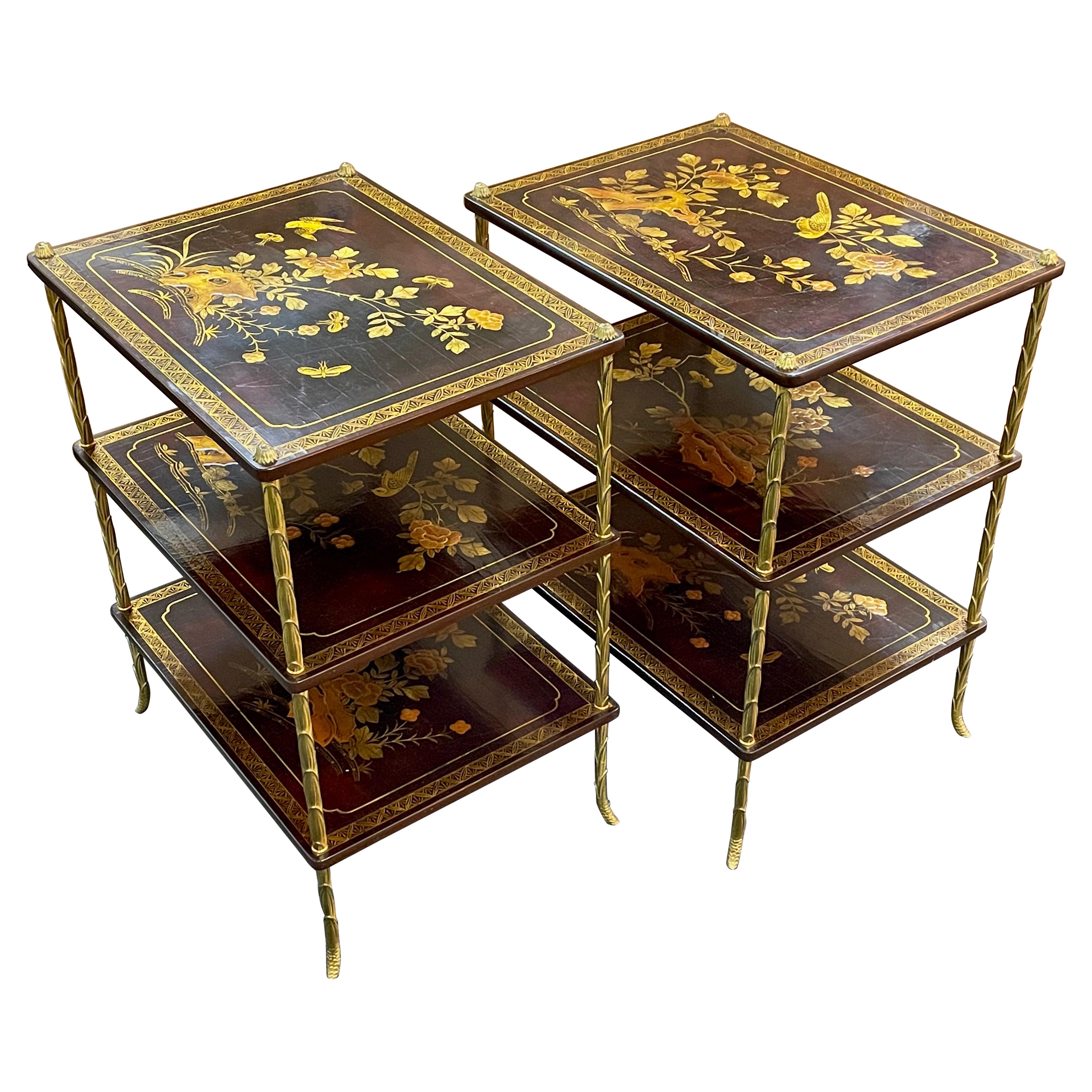 Pair of French Maison Baguès Three-tiered Chinoiserie Side Tables For Sale