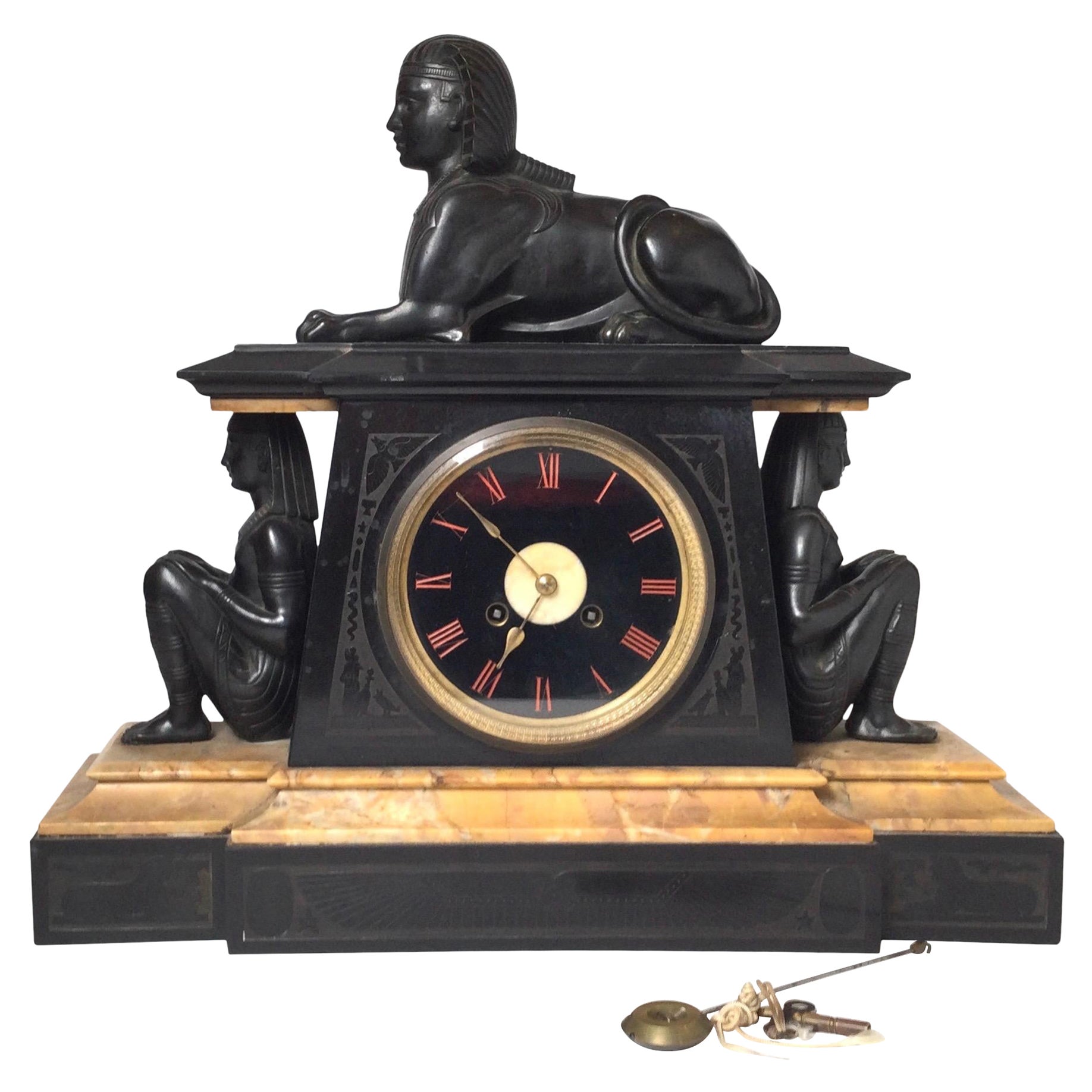 European Egyptian Revival Marble, Slate and Bronze Clock, 1870's