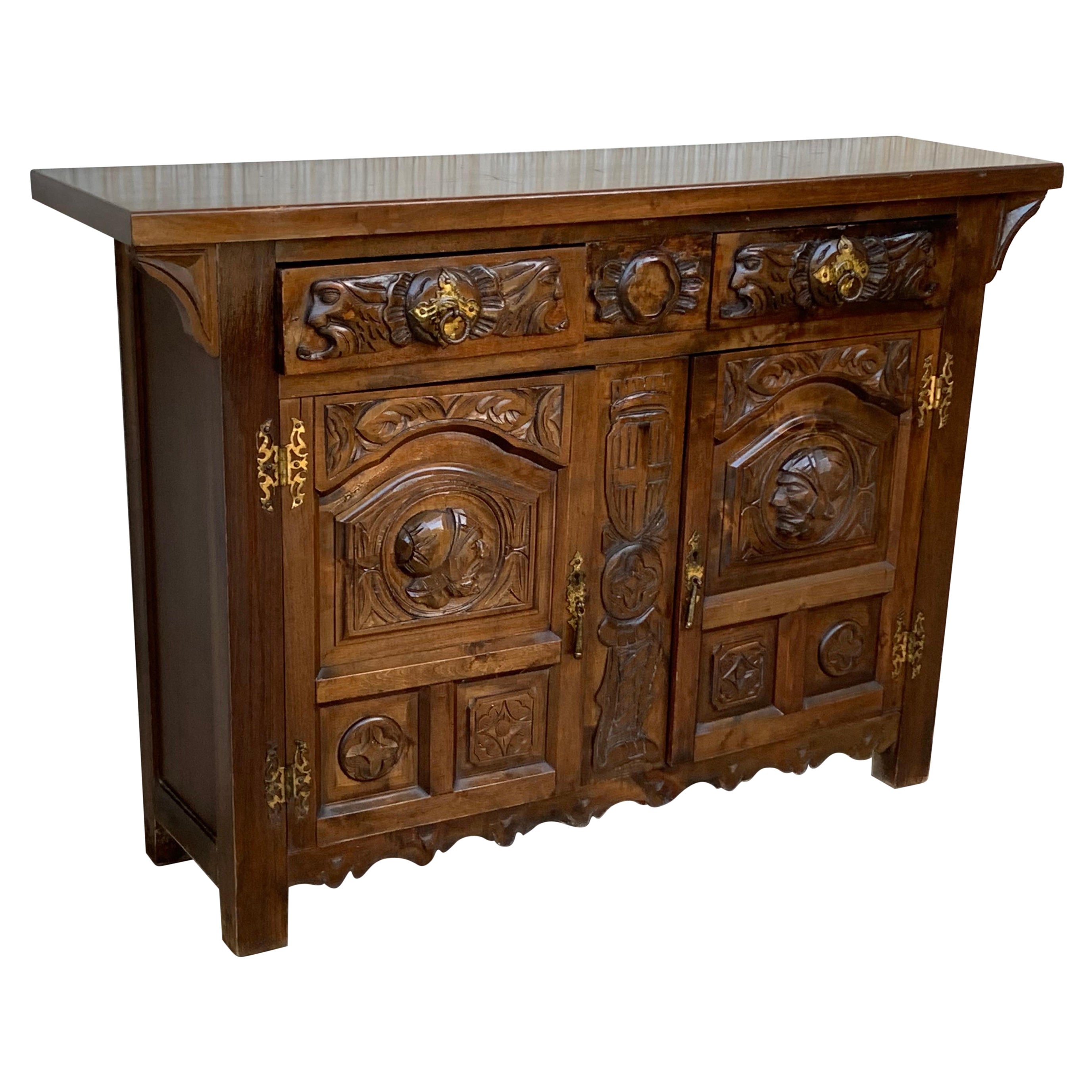 19th Catalan Spanish Hand Carved Cabinet with Two Doors and Two Drawers