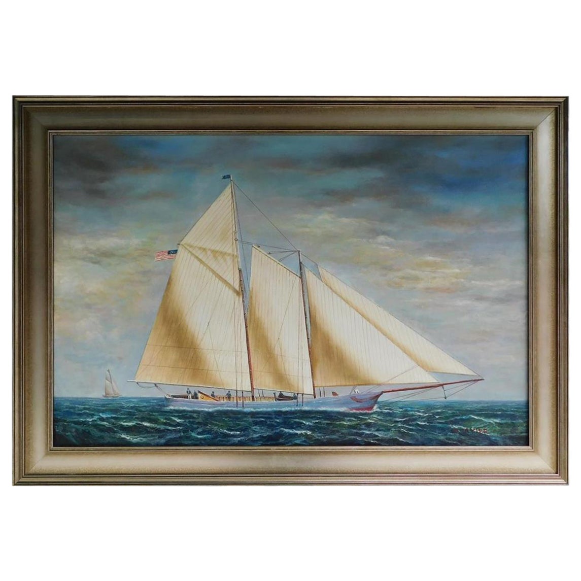 Huile sur toile américaine du 20ème siècle représentant un yacht Schooner à deux mâts et à voile entière