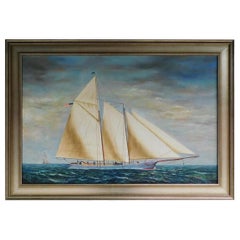 Huile sur toile américaine du 20ème siècle représentant un yacht Schooner à deux mâts et à voile entière