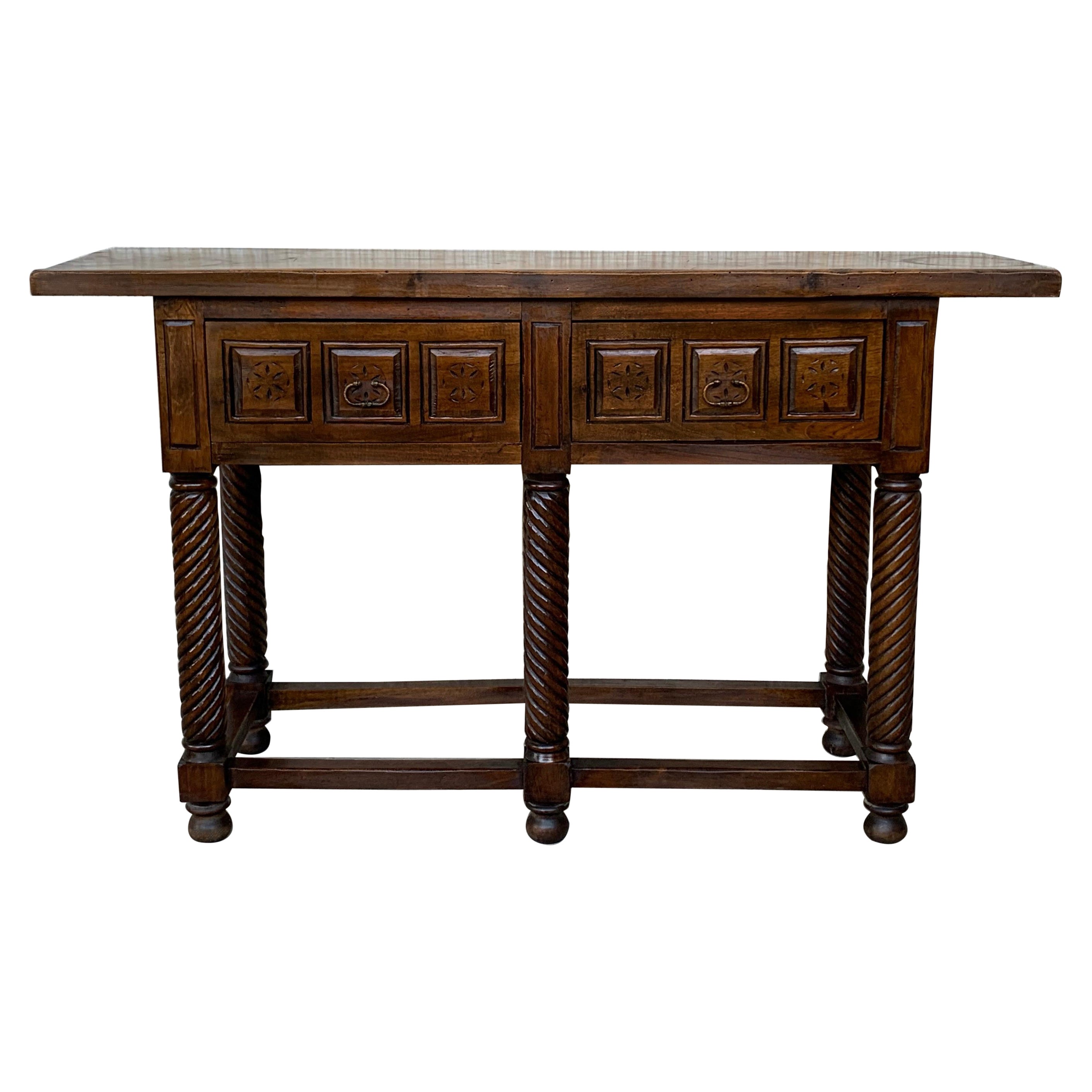 19th Century Spanish Tuscan Console Table with Two Drawers and Solomonic Legs