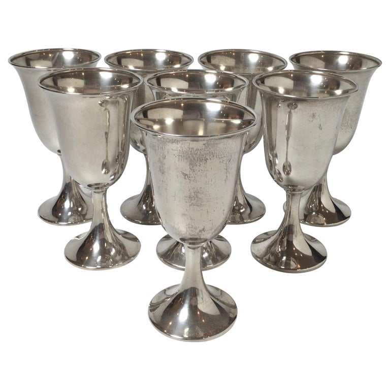 Vintage Mid-Century Set of Eight Sterling Silver Wine Water Goblets For Sale